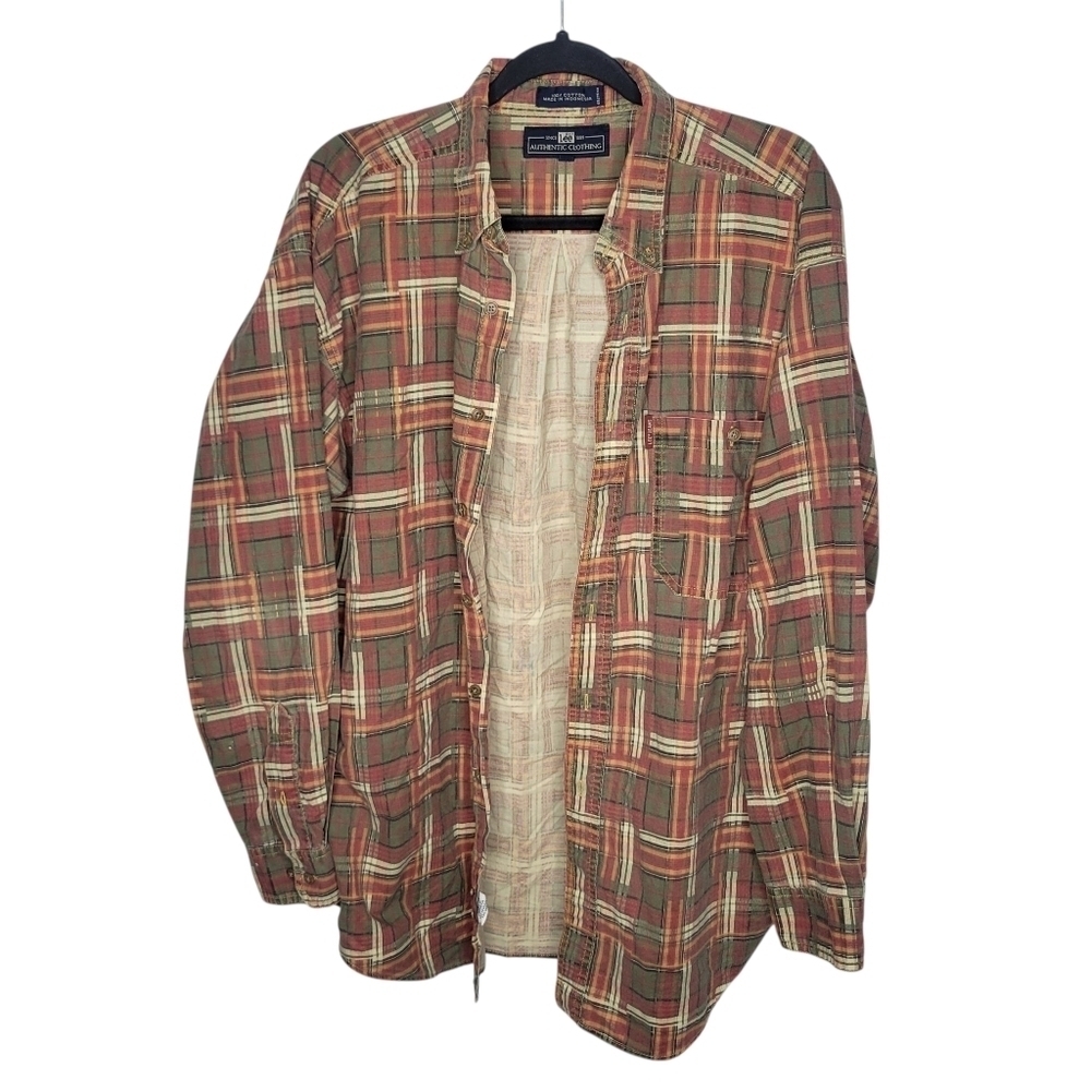 Vintage 90s Lee Jeans Plaid Button Down Shirt Size Large in Red Green Yellow